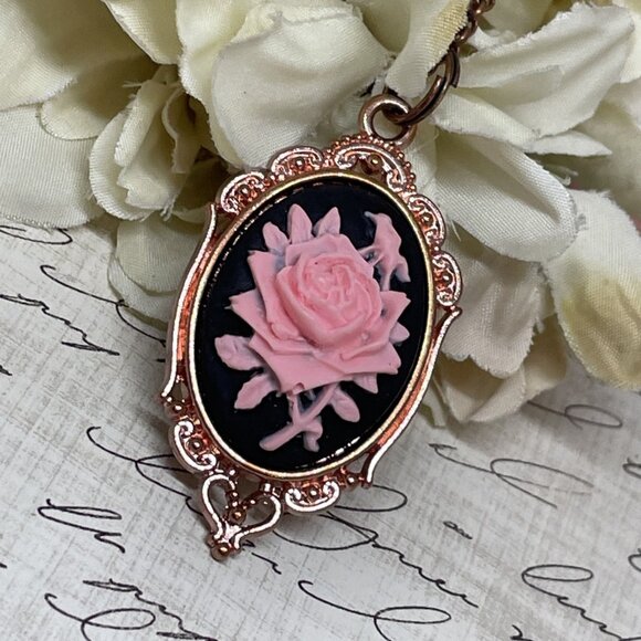 Gothic Steampunk Halloween Rose Gold Necklace Black Pink Rose Cameo Jewelry - Picture 2 of 11